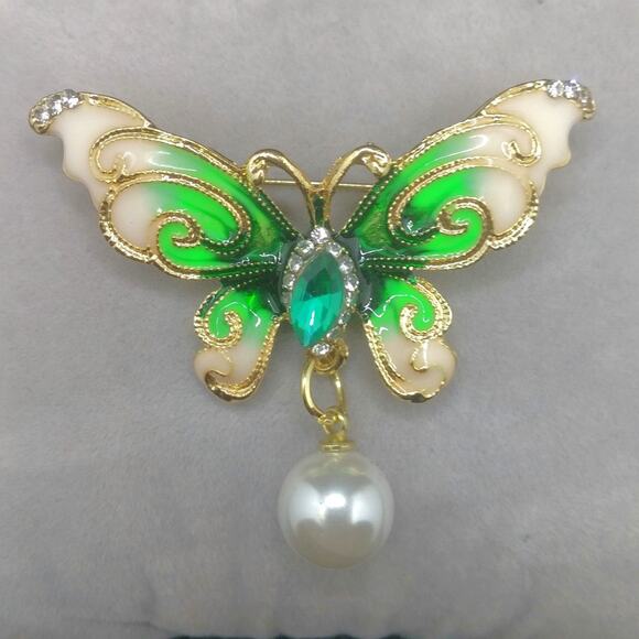 Winged Butterfly Brooch Pendant Combo NEW Pin Green Cream Enamel Faux Pearl Drop - Picture 8 of 9